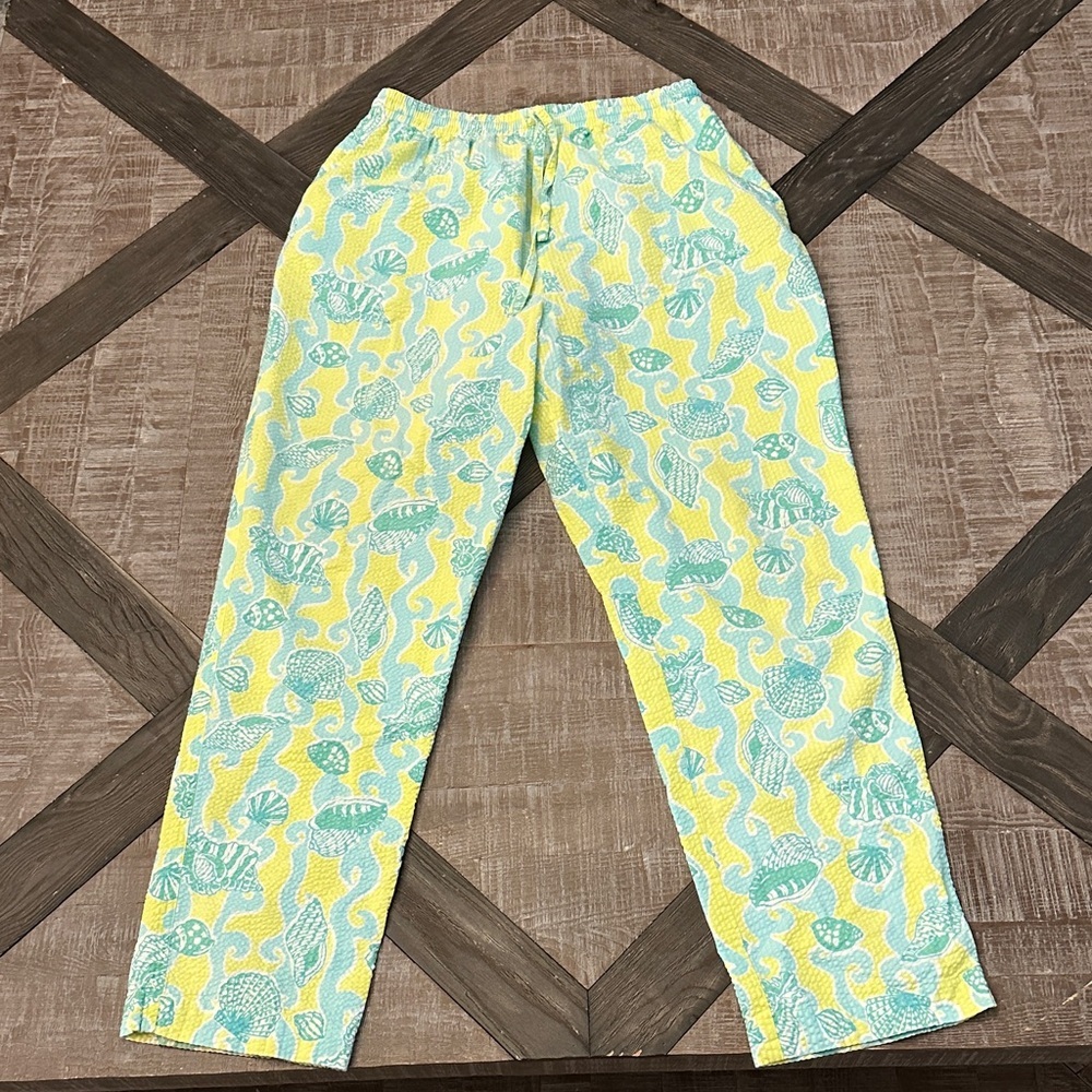 Lilly Pulitzer Yellow & Aqua Seersucker Printed Pants